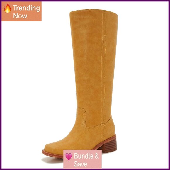 Women's Wide Calf Knee High Boots Low Block Heel Square Toe Slip On